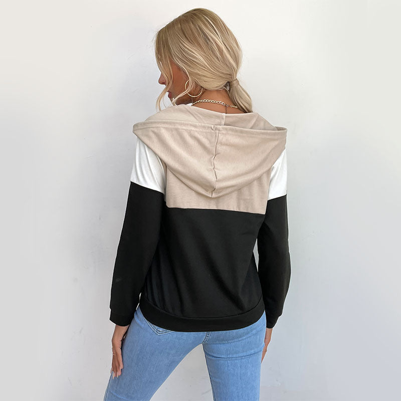 Women's hooded pullover with half zipper, color block design and drawstring Mune Fashion