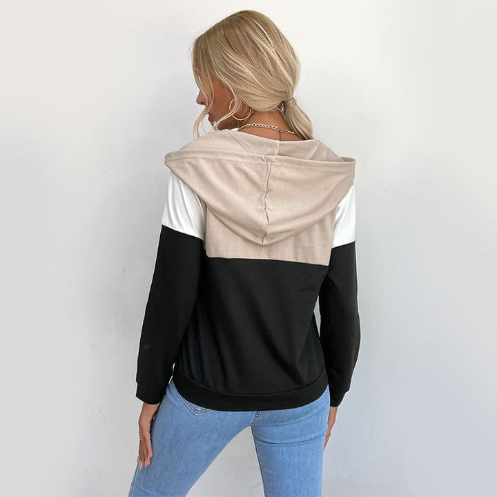 Women's hooded pullover with half zipper, color block design and drawstring Mune Fashion