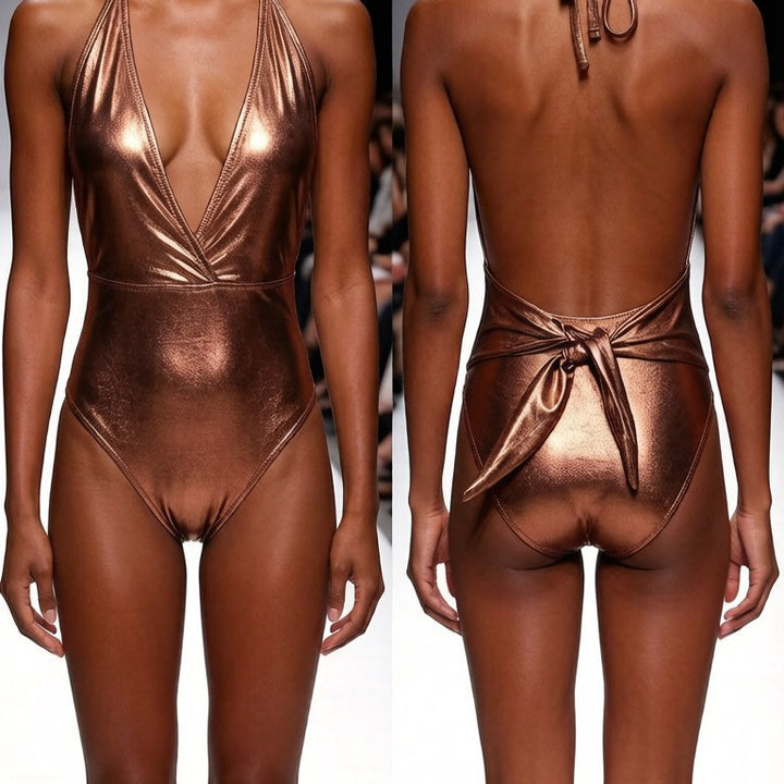 Ladies High-Quality One-Piece Swimsuit with Deep V-Neck and Shiny Finish Mune Fashion