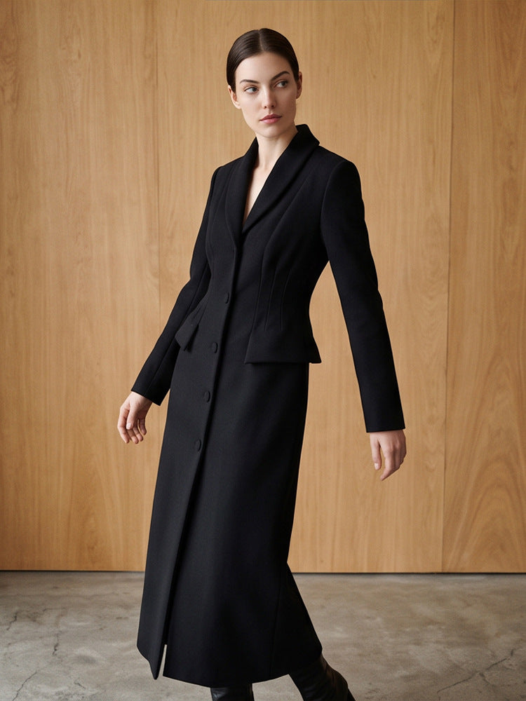 Women Tailored Long Coat with Shawl Collar and Shaping Dart Mune Fashion