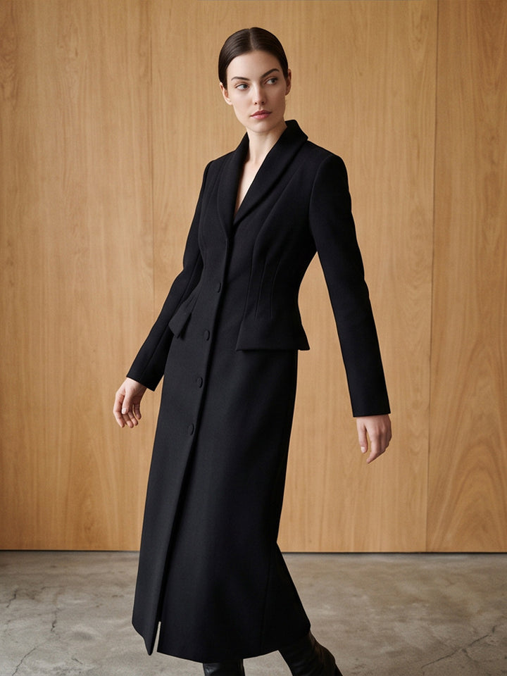 Women Tailored Long Coat with Shawl Collar and Shaping Dart Mune Fashion