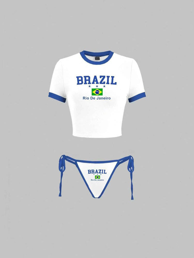 Women's set of cropped belly-free T-shirt and adjustable bikini bottom with Brazil print Mune Fashion