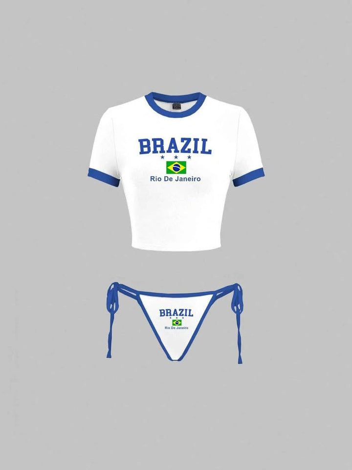 Women's set of cropped belly-free T-shirt and adjustable bikini bottom with Brazil print Mune Fashion