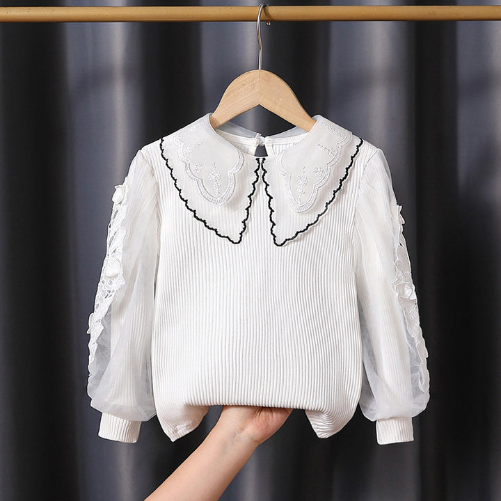 Girls fashionable blouse with elegant tulle sleeves and artistic lace decoration Mune Fashion