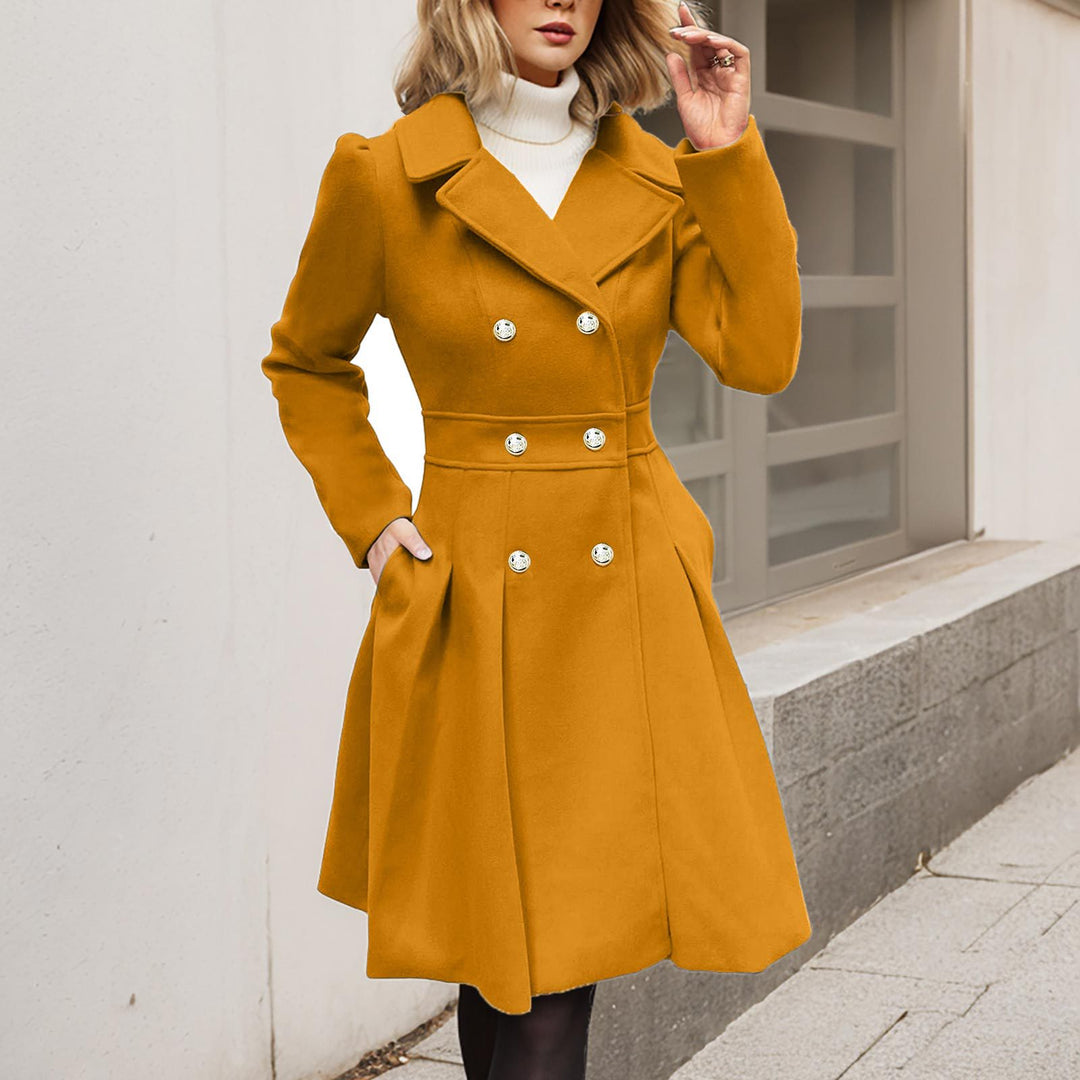 Women's fitted balloon coat with double-breasted front, flared skirt section and decorative buttons Mune Fashion