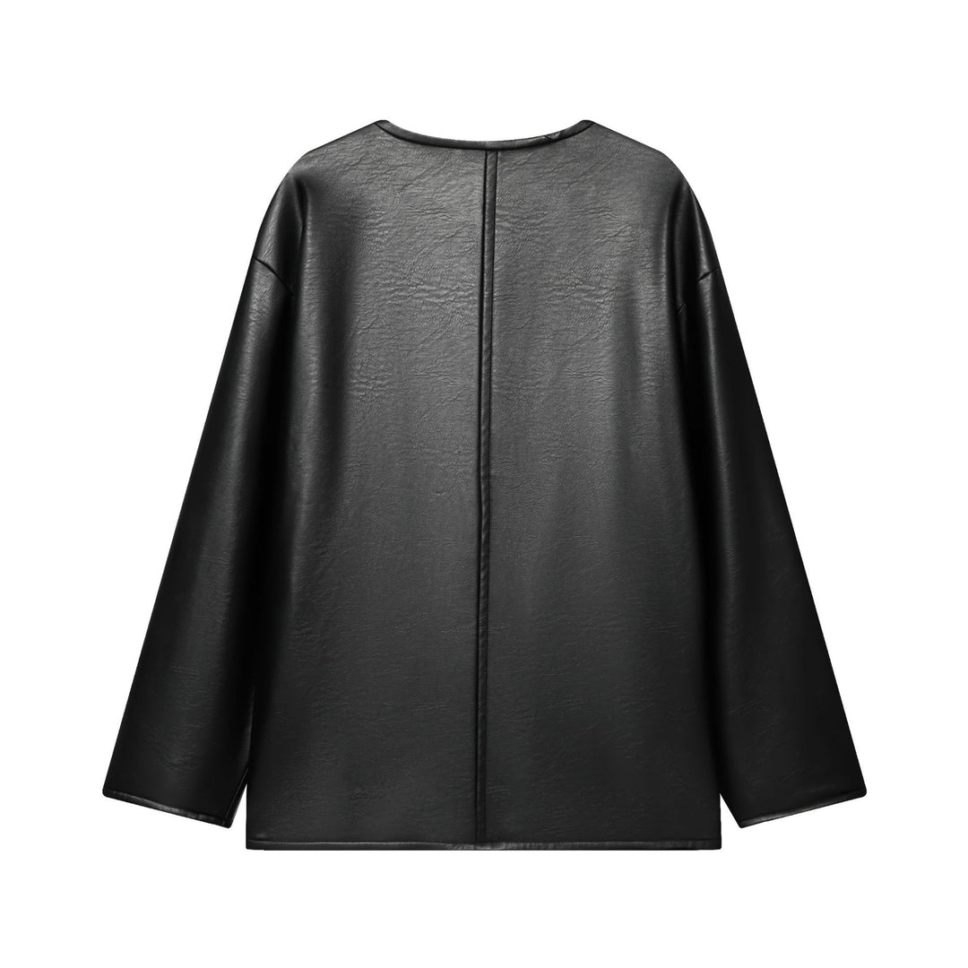 Women's Oversized Faux Leather Jacket with Toggle Closures and Applied Flap Pockets Mune Fashion