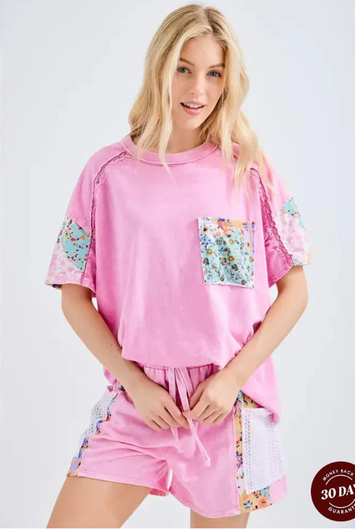 Ladies casual loungewear two-piece set with oversized shirt, drawstring shorts, patchwork bag, and crochet trim Mune Fashion