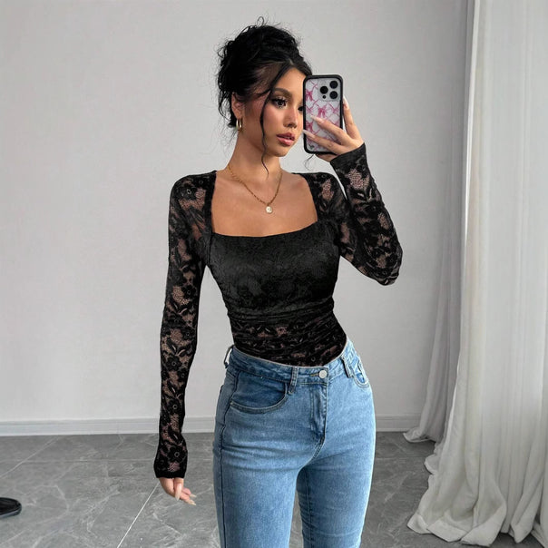 Women's figure-hugging lace top with square neckline and long sheer sleeves Mune Fashion