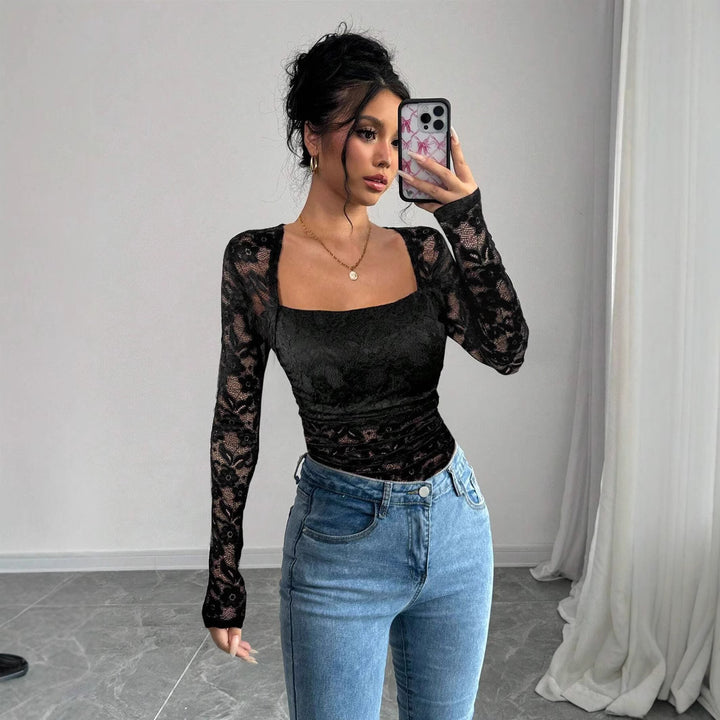 Women's figure-hugging lace top with square neckline and long sheer sleeves Mune Fashion