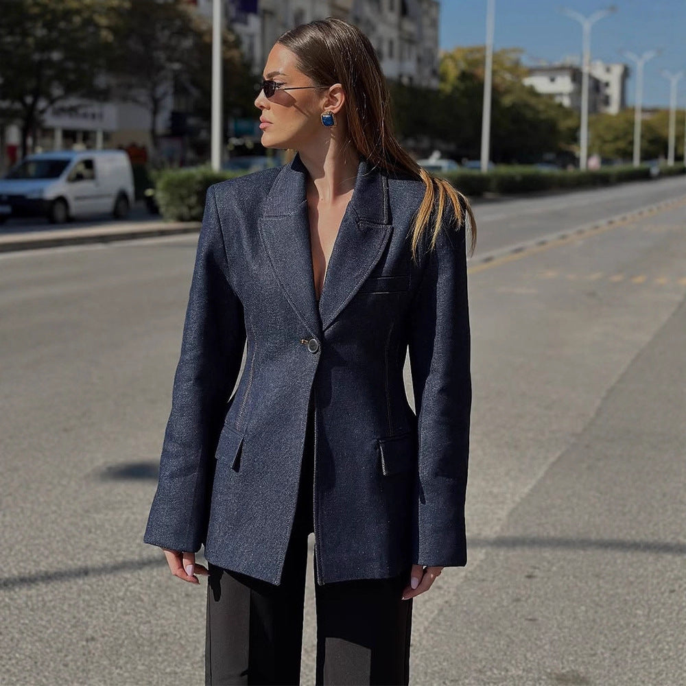 Women tailored jeans blazer with curved lapel Mune Fashion