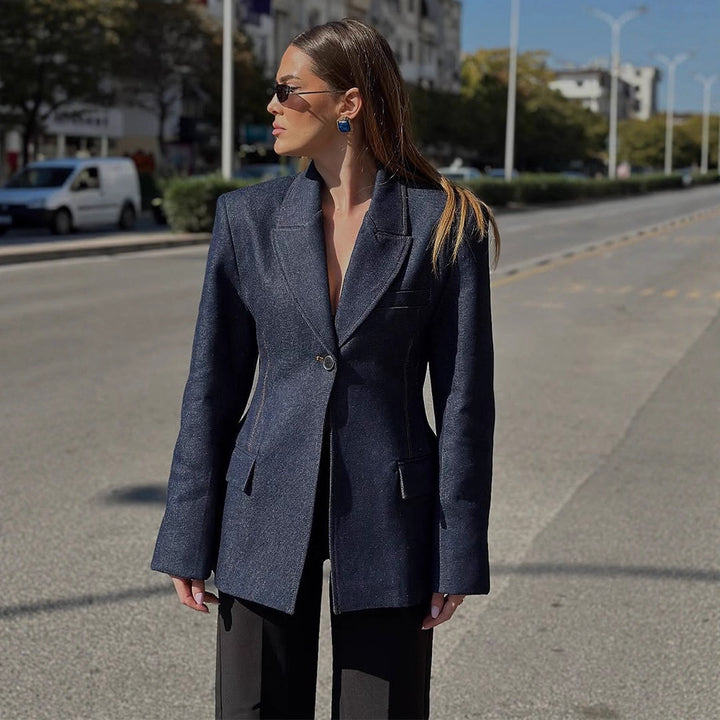 Women tailored jeans blazer with curved lapel Mune Fashion