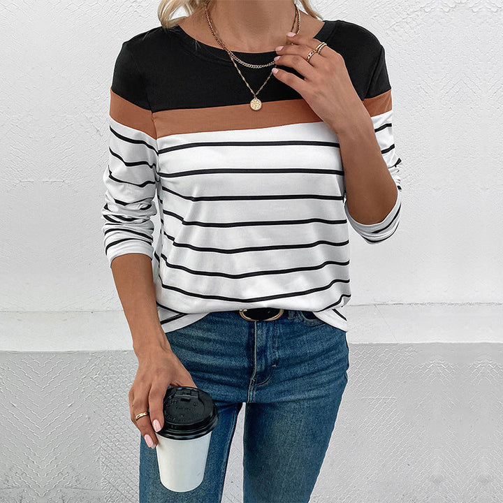 Women Striped Long Sleeve Shirt with Color Block Detail and Round Neckline Mune Fashion