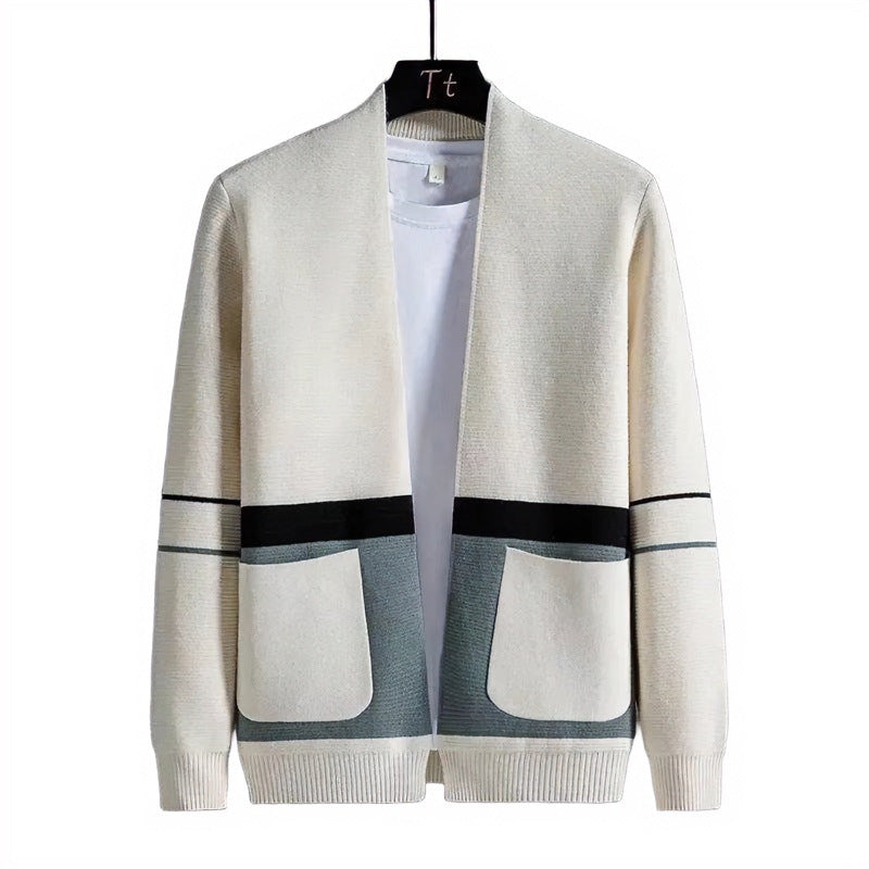 Men's Open Knit Jacket in Colorblock Design with Applied Pockets and Ribbed Hem Mune Fashion