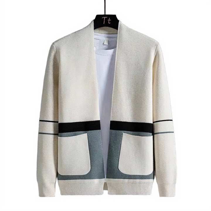 Men's Open Knit Jacket in Colorblock Design with Applied Pockets and Ribbed Hem Mune Fashion