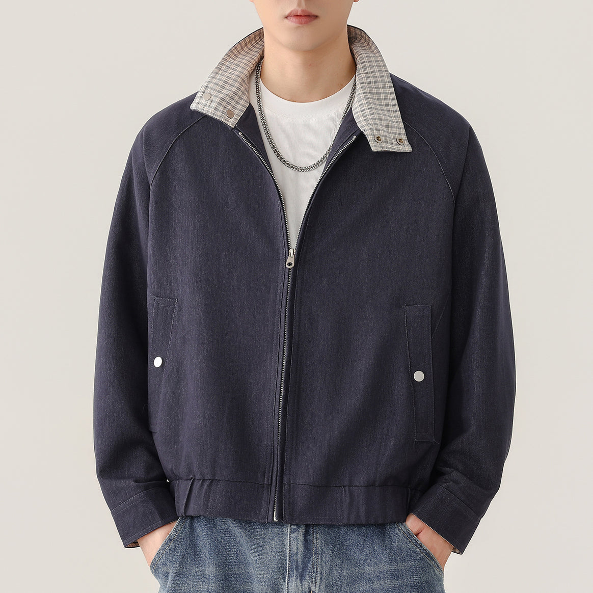 Men's lightweight bomber jacket with zipper and checkered stand-up collar Mune Fashion