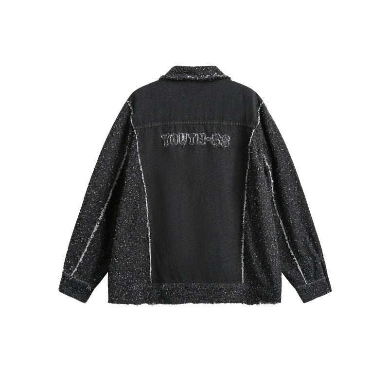 Unisex Oversized Denim Jacket with Mélange Boucle Sleeve and Frayed Edge Mune Fashion