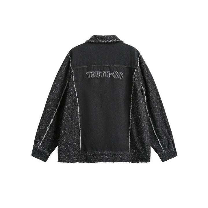 Unisex Oversized Denim Jacket with Mélange Boucle Sleeve and Frayed Edge Mune Fashion