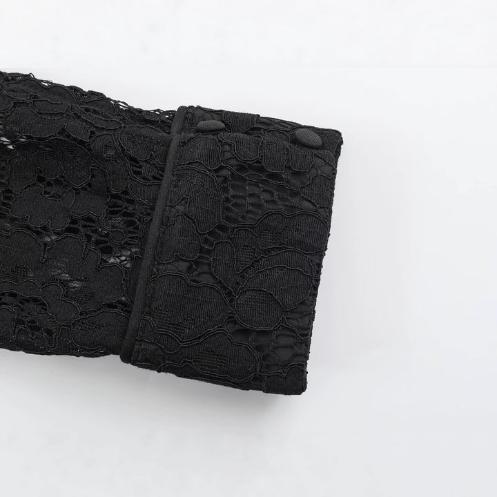 Women's Transparent Lace Blouse with Stand Collar, Puff Sleeves and Cuffs Mune Fashion