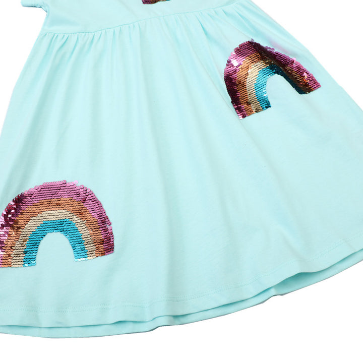 Girls Short Sleeve T-Shirt Dress with Colorful Glitter Rainbow Design Mune Fashion