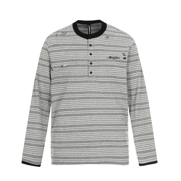 Men's Long Sleeve Henley Shirt with Striped Pattern and Distressed Details Mune Fashion
