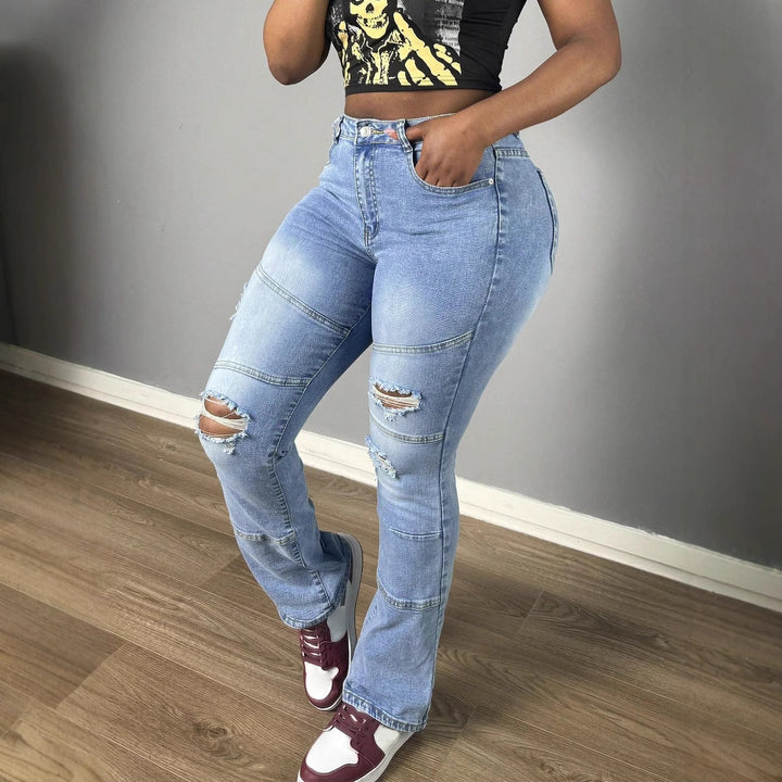 Women High-Waisted Distressed Flared Jeans with Panel Seams Mune Fashion
