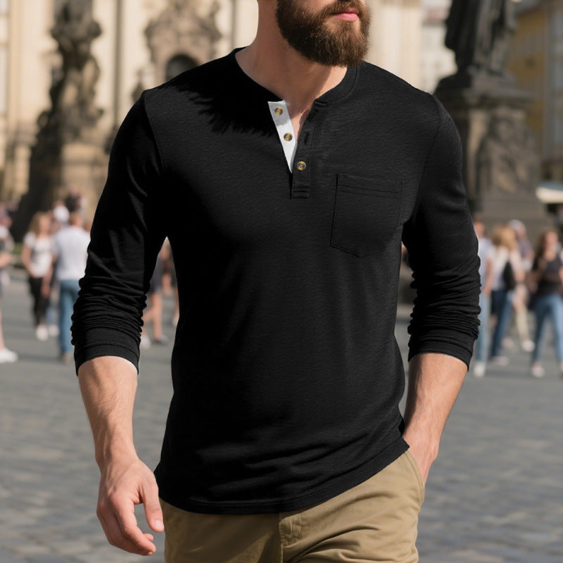 Men's narrow cut Henley shirt with breast pocket and contrasting button placket Mune Fashion