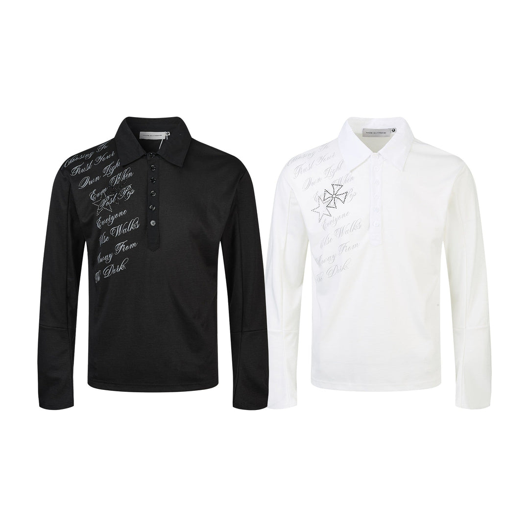 Women's Polo Shirt-Long Sleeve Shirt with Shirt Collar, Text Print and Rhinestone Application Mune Fashion