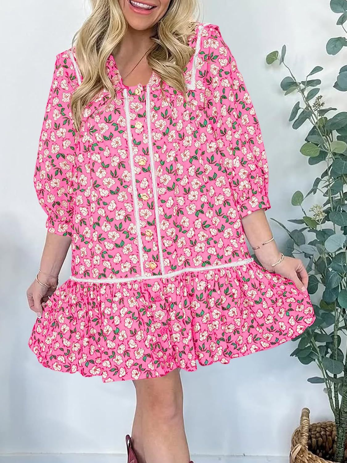 Women's Floral Mini Shirt Dress with Oversized Sailor Collar Mune Fashion