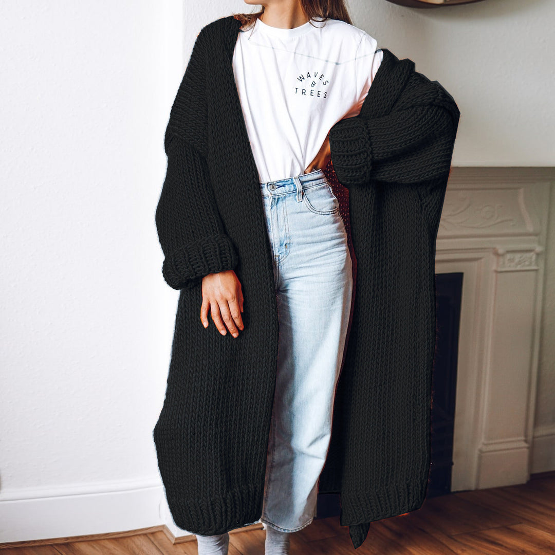 Women Oversize Maxi Chunky Knit Cardigan with Open Front and Voluminous Sleeves Mune Fashion