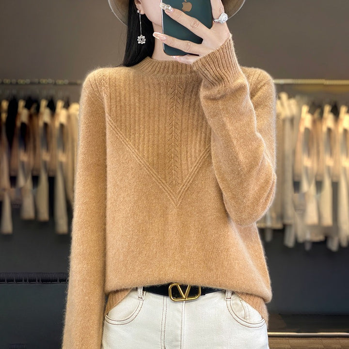 Women's Loose Mohair Blend Sweater with Textured V Panel and Stand Collar Mune Fashion