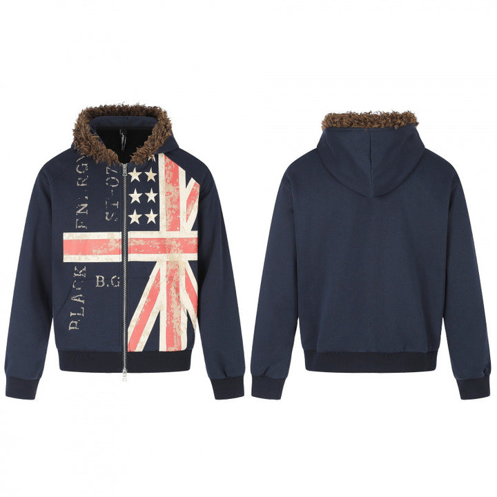 Men's hoodie jacket with vintage flag print, faux fur hood and two-way zipper Mune Fashion