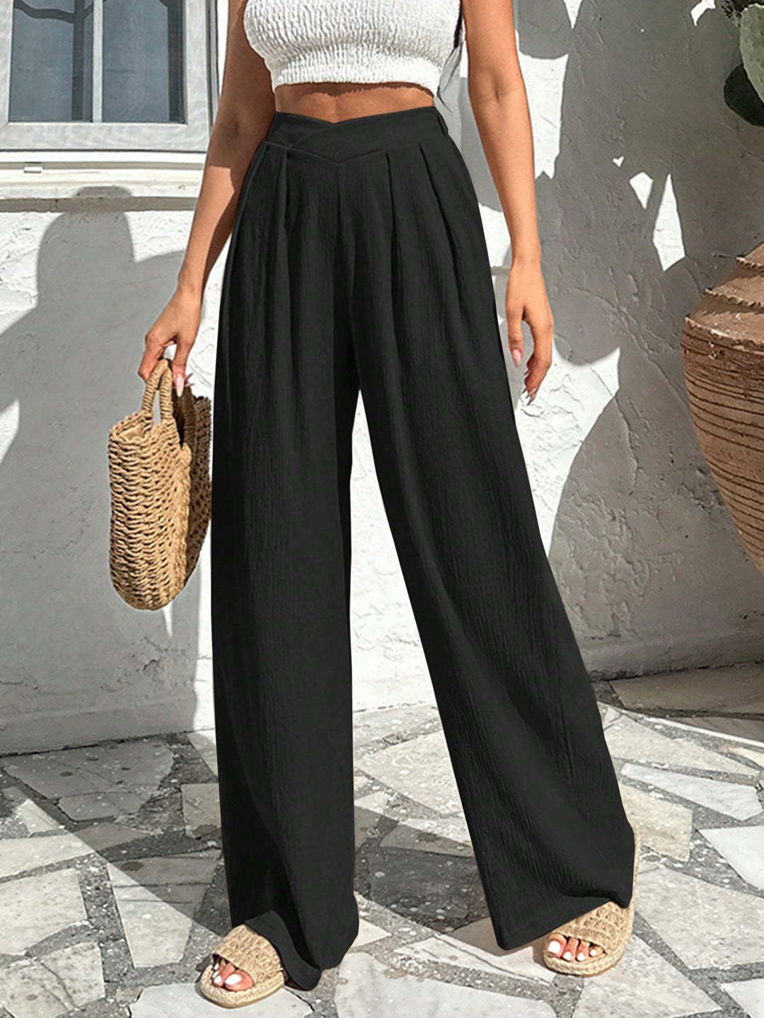Women's High-Waist Linen Trousers with Wide Leg and Pleats Drune