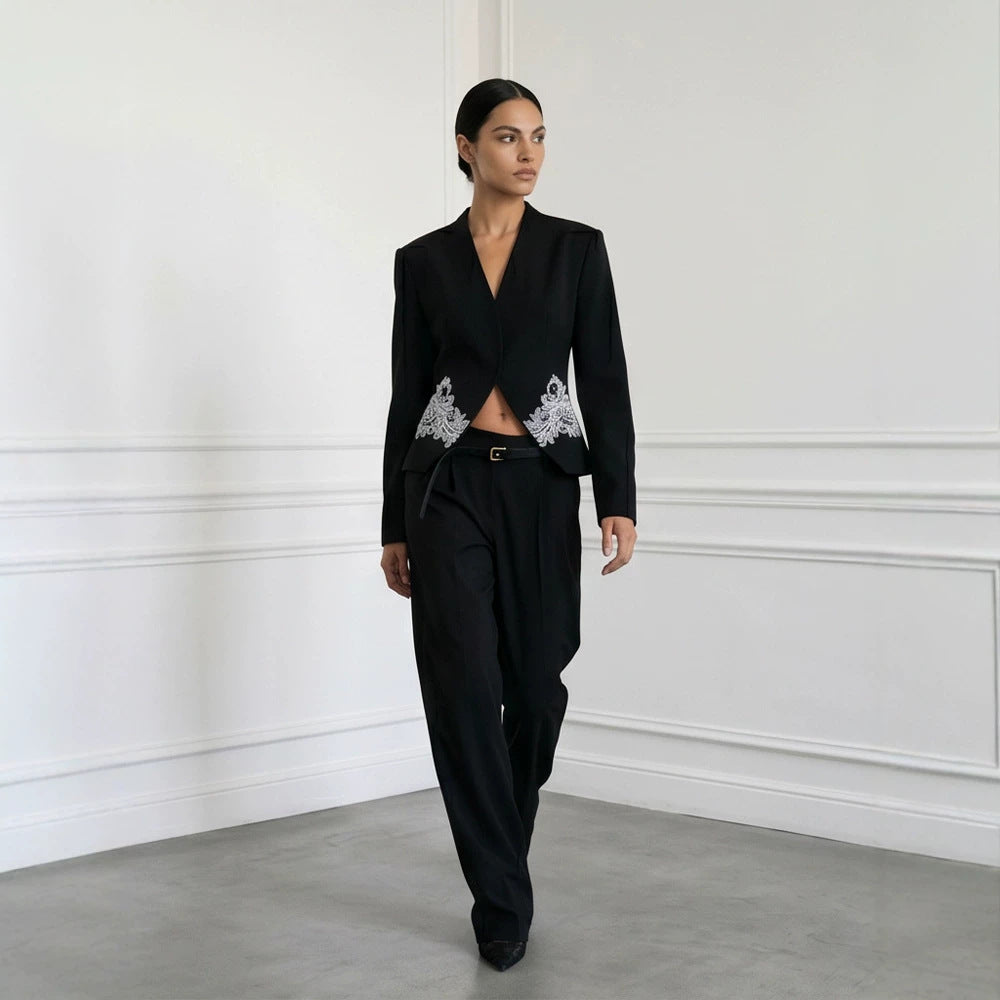 Women's Sculpted Cropped Blazer with Lace Trim and Tailored Silhouette Mune Fashion