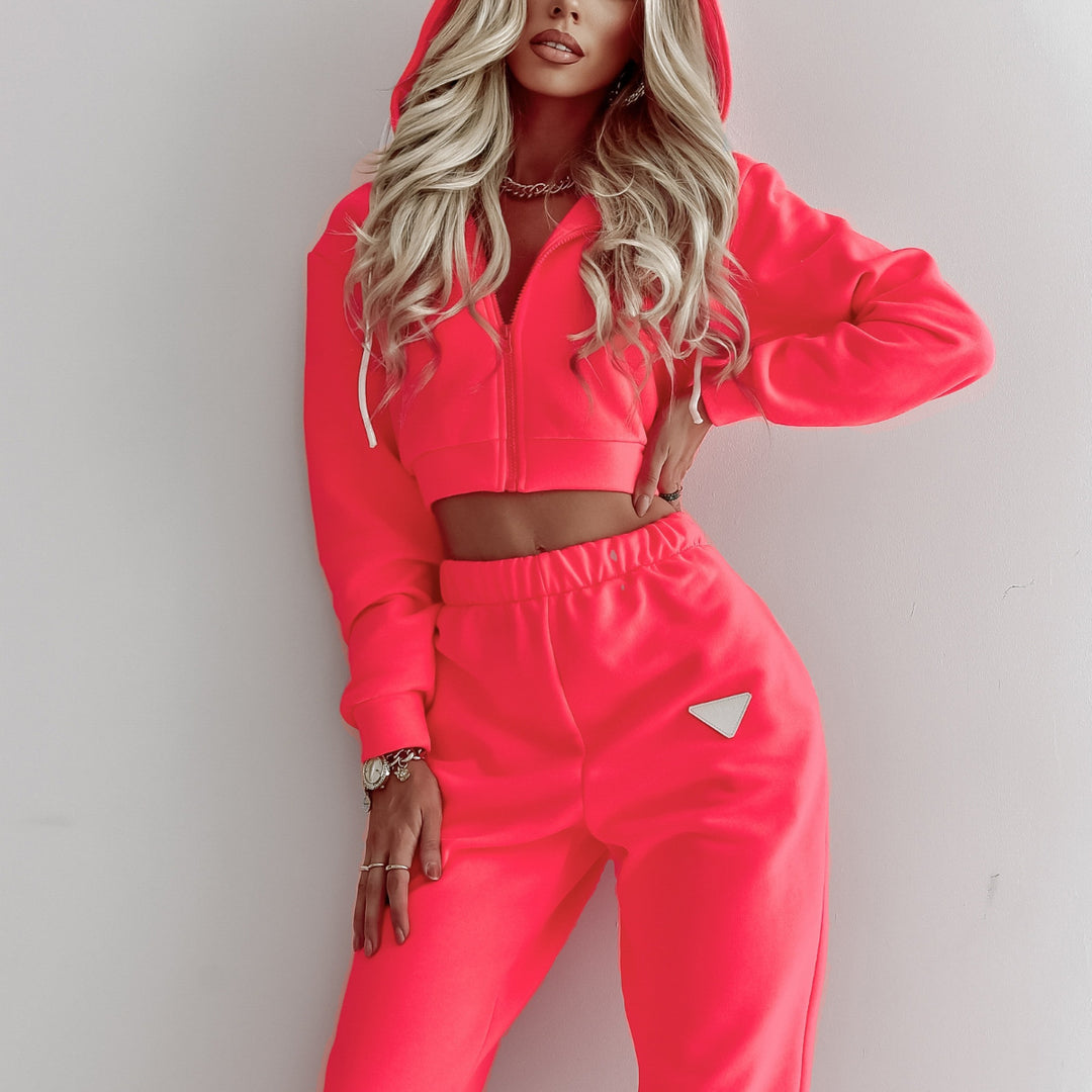 Women's Cropped Hoodie Jacket and High-Waist Jogging Pants Set made of French Terry with Elastic Waistband Mune Fashion