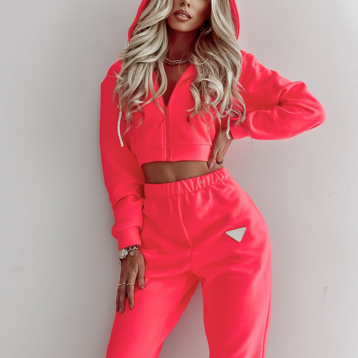 Women's Cropped Hoodie Jacket and High-Waist Jogging Pants Set made of French Terry with Elastic Waistband Mune Fashion