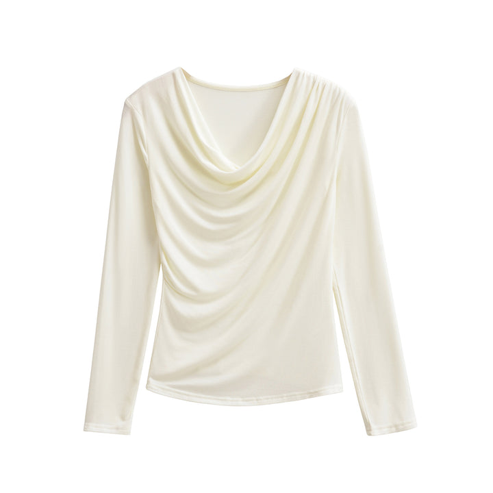 Women's Waterfall Collar Long Sleeve Shirt with Draping and Tailored Wrap Look Mune Fashion