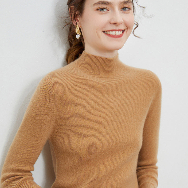 Women Lightweight fitted mock neck pullover in cashmere-like mohair look with fine ribbed texture Mune Fashion