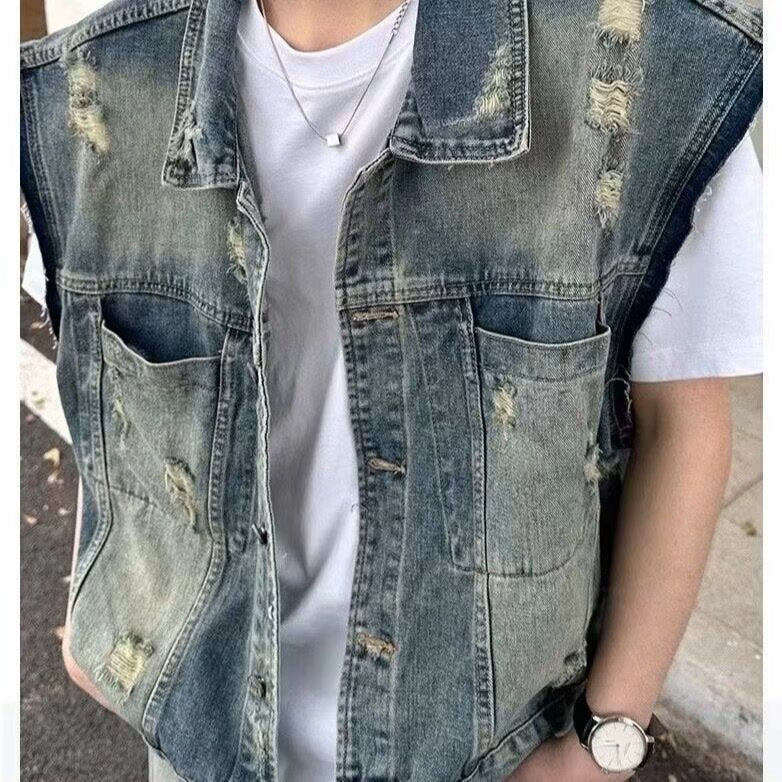 Men's denim vest in vintage used look with destroyed pockets and boxy fit Mune Fashion