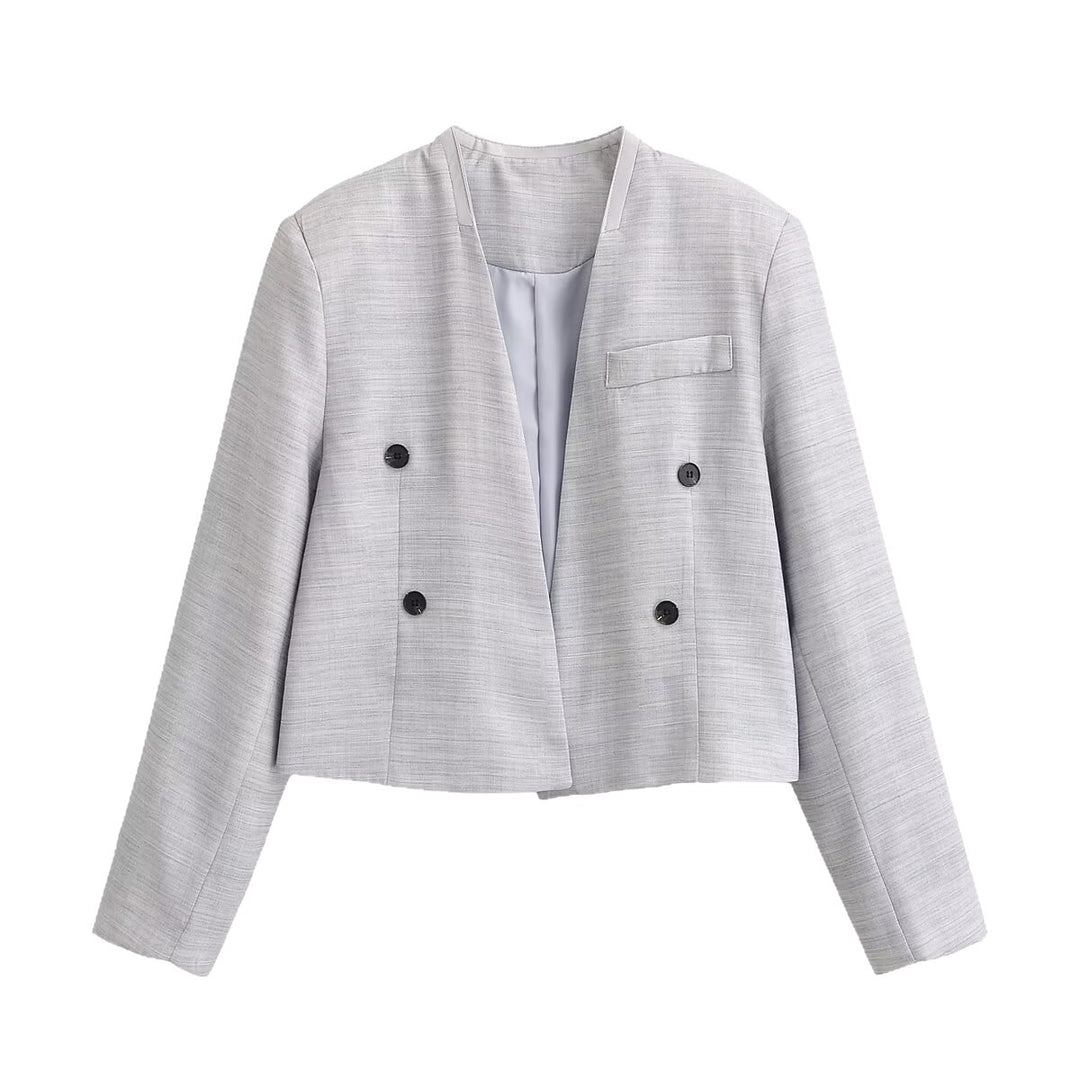 Women Short-Cut Collarless Blazer with Double-Breasted Button Placket and Textured Fabric Mune Fashion