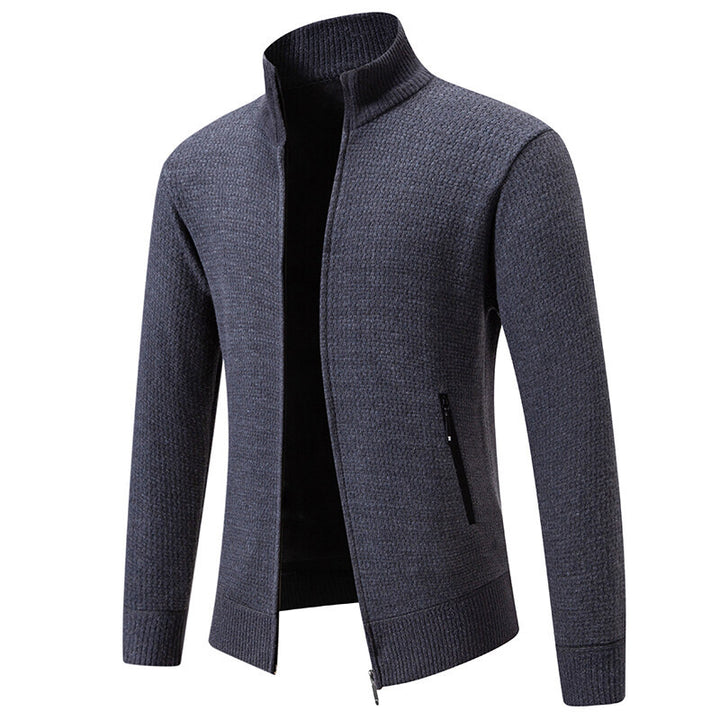 Men's Textured Zip Knit Cardigan with Stand Collar, Waffle Texture and Zipper Pockets Mune Fashion