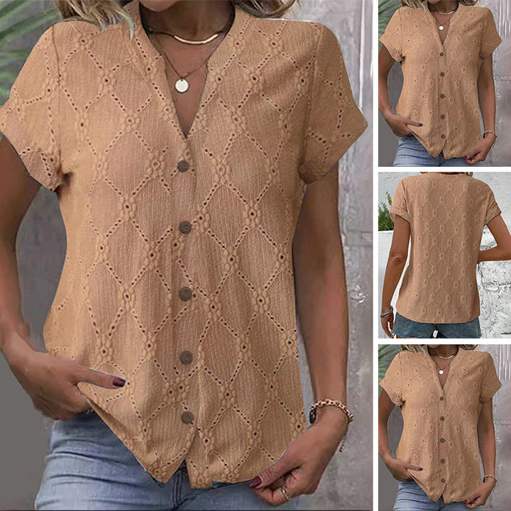 Women's short-sleeved embroidery blouse with V-neck and continuous button placket Mune Fashion