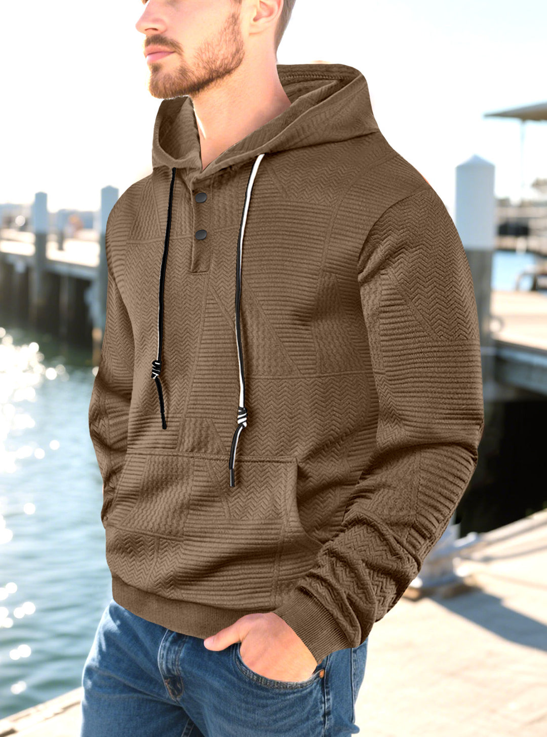 Men's hooded sweatshirt with geometric structure, Henley placket, and kangaroo pocket Mune Fashion