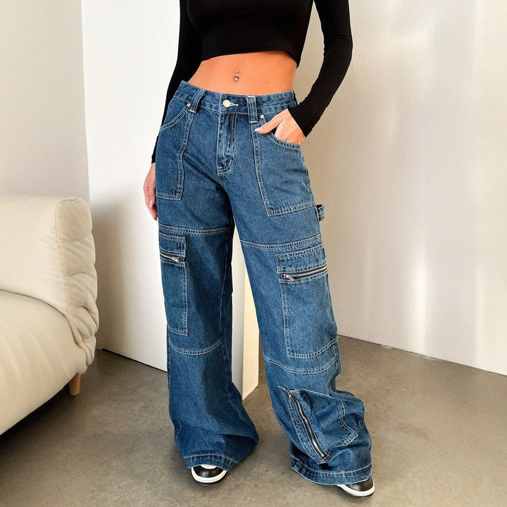 Women's Wide Cargo Jeans with Multiple Zipper Pockets and High Waist Mune Fashion