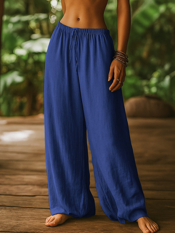 Ladies Lightweight Linen Pants with Wide Legs and Drawstring Mune Fashion