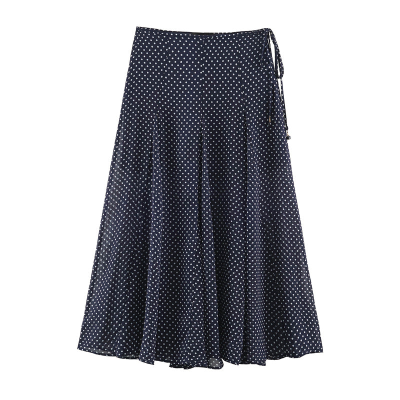 Women's Flowing A-Line Midi Skirt with Polka Dot Print and Tie Bow Mune Fashion