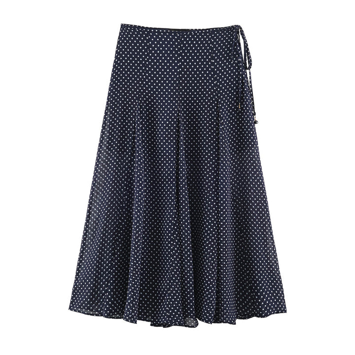 Women's Flowing A-Line Midi Skirt with Polka Dot Print and Tie Bow Mune Fashion