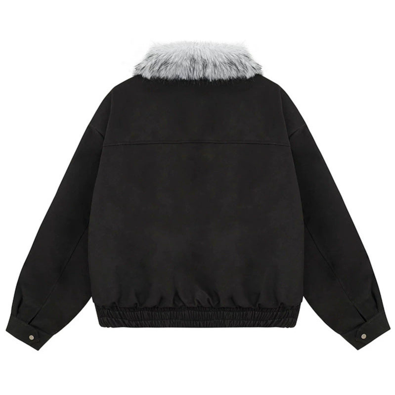 Women's Cropped Bomber Jacket with Faux Fur Collar, Zipper and Elastic Hem Mune Fashion