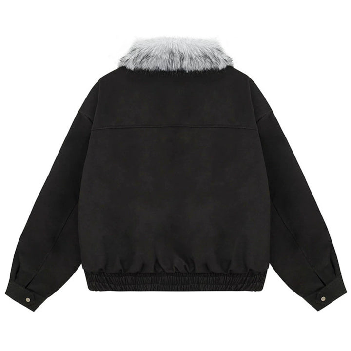 Women's Cropped Bomber Jacket with Faux Fur Collar, Zipper and Elastic Hem Mune Fashion