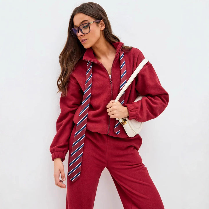 Women Comfortable Fleece Loungewear Set with Short Zip Top and Wide High Waist Pants Mune Fashion