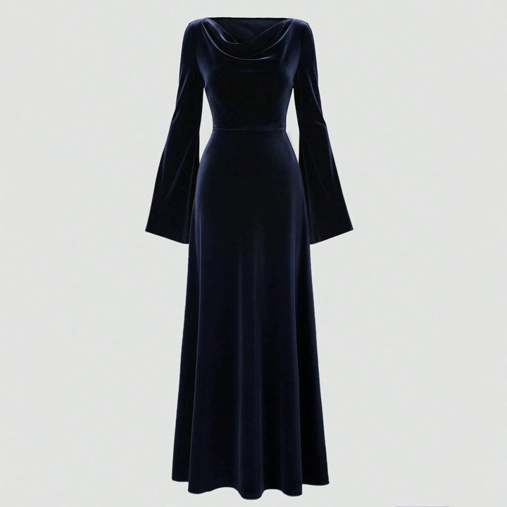 Women's Velvet Evening Dress with Waterfall Neckline, Fitted Silhouette and Flared Trumpet Sleeves Mune Fashion